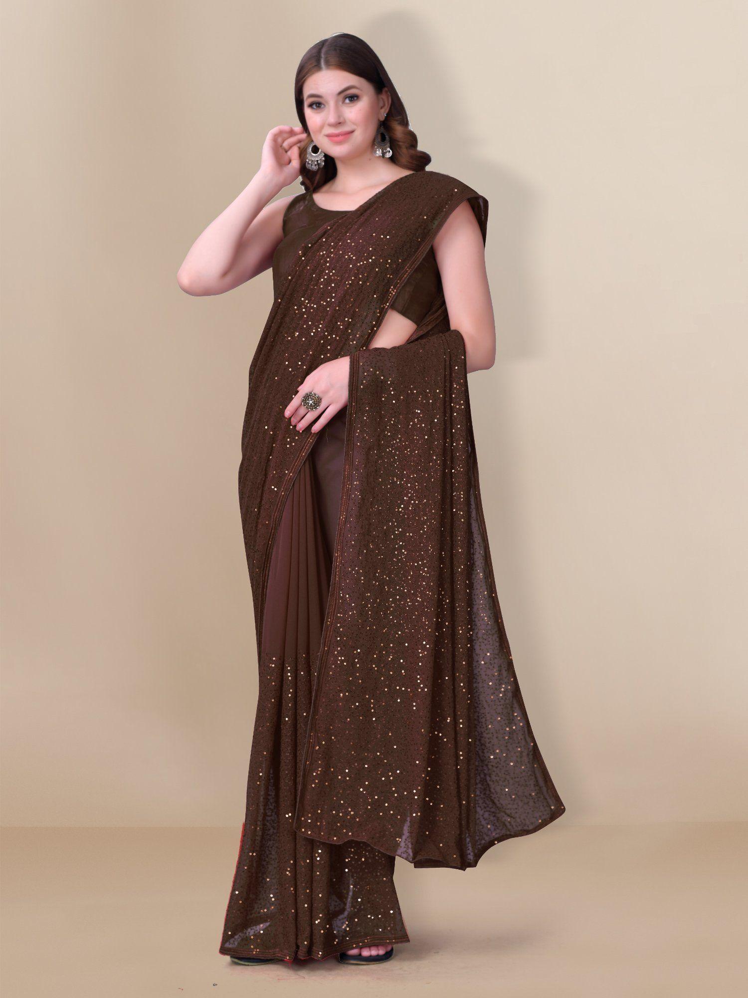 embellished sequinned georgette saree rose gold with unstitched blouse