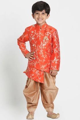embellished silk blend mandarin boys sherwani and dhoti set - orange
