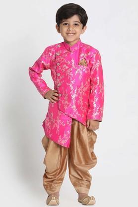 embellished silk blend mandarin boys sherwani and dhoti set - pink