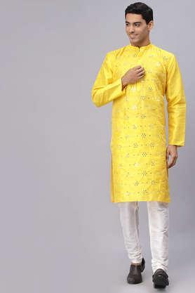 embellished silk blend regular fit men's kurta - yellow
