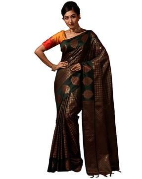 embellished silk blend zari border saree with blouse piece