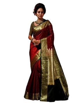 embellished silk blend zari border saree with blouse piece