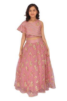 embellished silk regular fit girls lehenga choli set - dusty pink