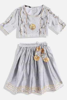 embellished silk regular fit girls lehenga choli set - grey