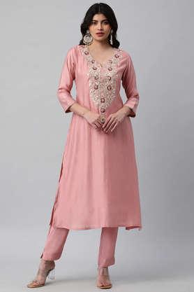 embellished silk round neck women's festive wear kurta - pink