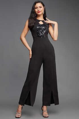 embellished sleeveless polyester women's full length jumpsuit - black