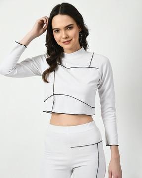 embellished slim fit crop top with round neck
