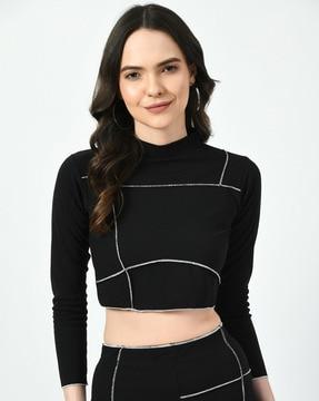 embellished slim fit crop top with round neck