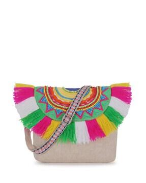 embellished sling bag with external zip pocket