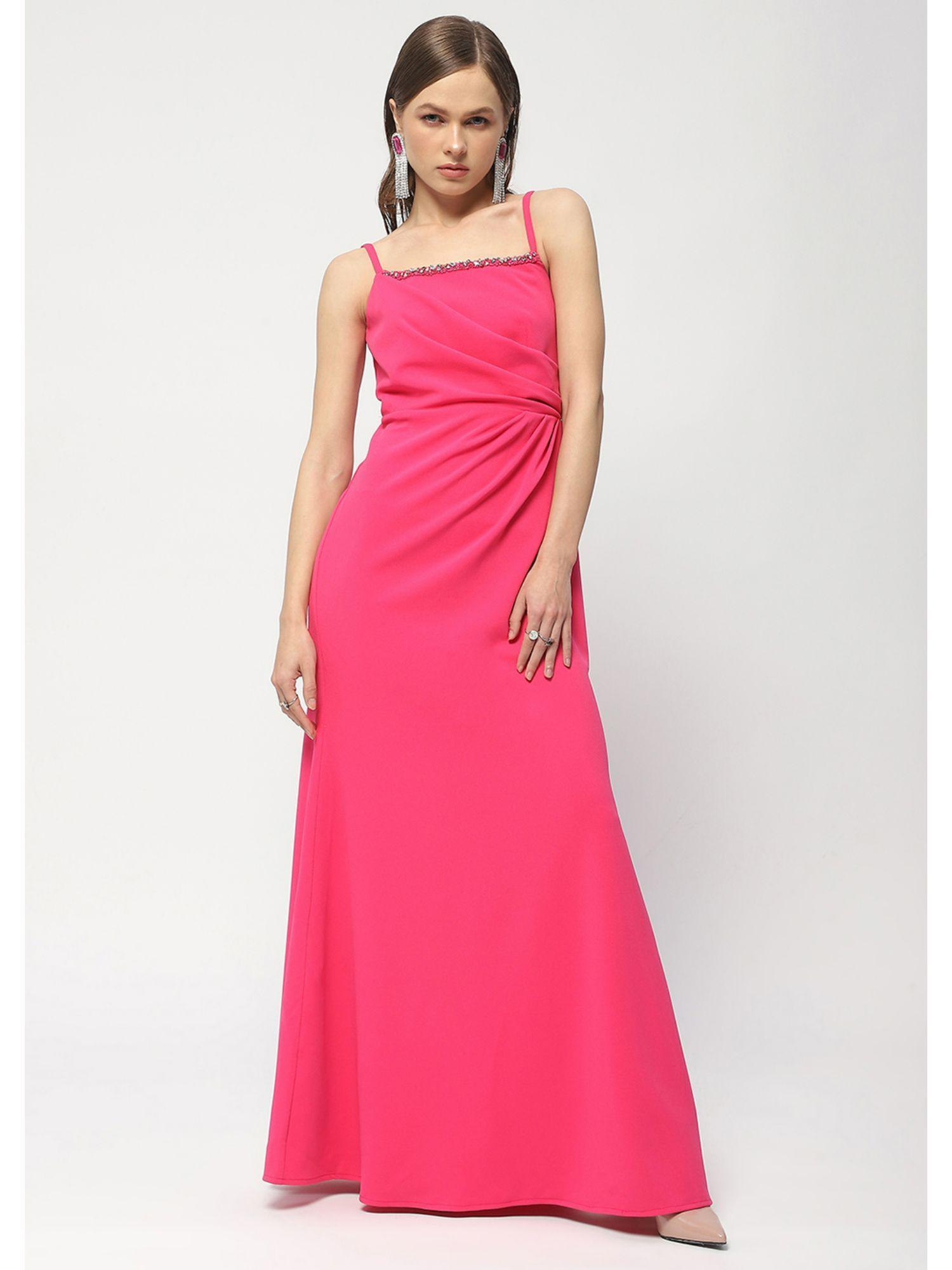 embellished square neck hot pink maxi dress