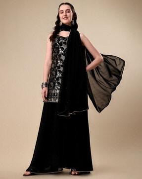 embellished straight kurta & palazzo with dupatta set