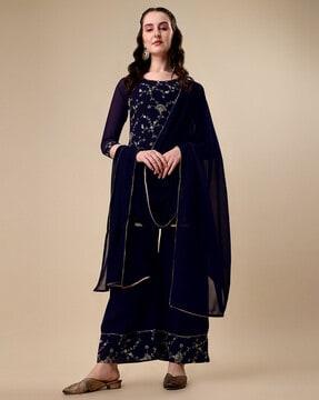 embellished straight kurta & palazzo with dupatta set