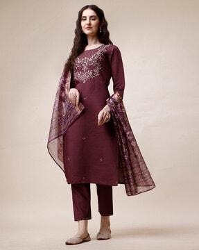 embellished straight kurta & pants with dupatta set