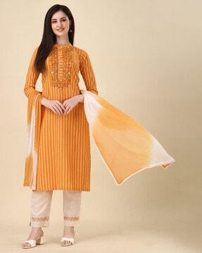 embellished straight kurta & pants with dupatta set