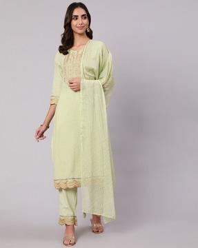 embellished straight kurta & pants with dupatta