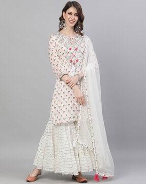 embellished straight kurta & sharara set with dupatta