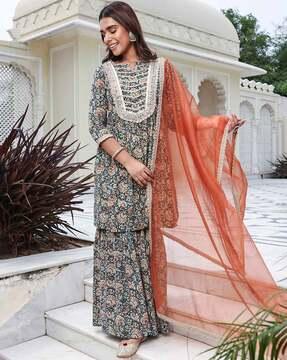 embellished straight kurta & sharara with dupatta set