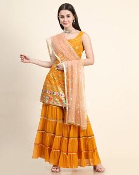 embellished straight kurta & sharara with dupatta