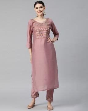 embellished straight kurta set for women