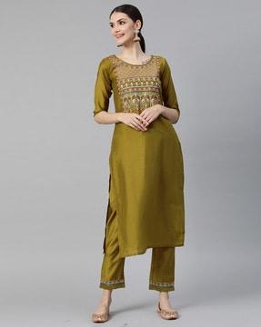 embellished straight kurta set for women