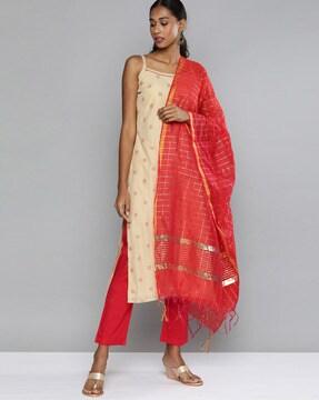 embellished straight kurta set with dupatta