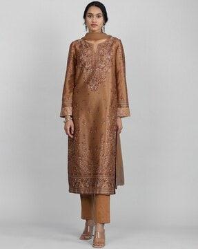 embellished straight kurta set with dupatta