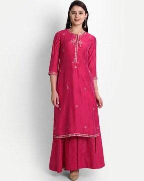 embellished straight kurta set with dupatta