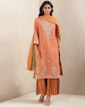 embellished straight kurta set with dupatta