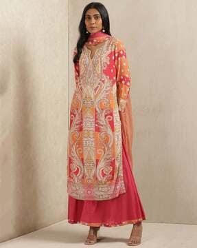 embellished straight kurta set with dupatta