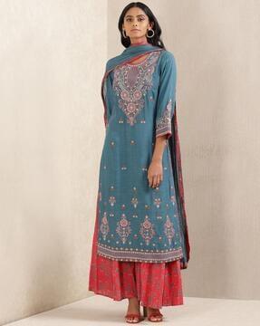 embellished straight kurta set with dupatta