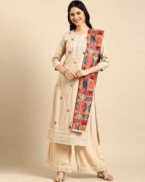 embellished straight kurta set with dupatta