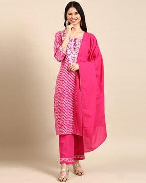 embellished straight kurta set with dupatta