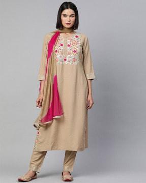 embellished straight kurta set with dupatta