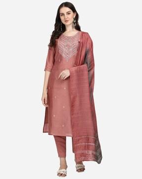 embellished straight kurta set with dupatta