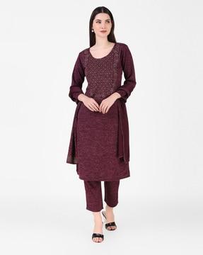 embellished straight kurta set with dupatta