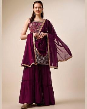 embellished straight kurta set with dupatta