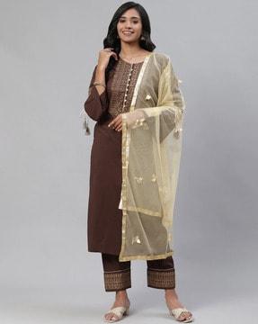 embellished straight kurta set with dupatta
