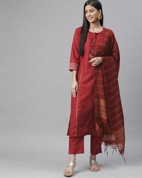 embellished straight kurta set with dupatta