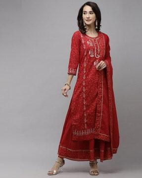 embellished straight kurta set with dupatta