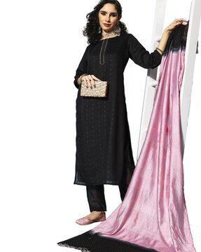 embellished straight kurta set with dupatta