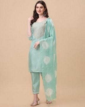 embellished straight kurta set with dupatta