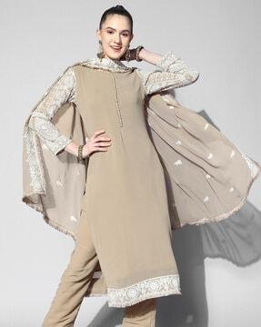 embellished straight kurta set with dupatta