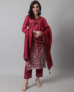 embellished straight kurta set with dupatta