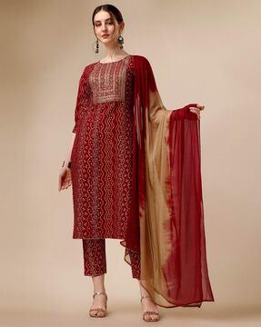 embellished straight kurta set with dupatta