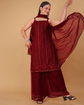 embellished straight kurta set with dupatta