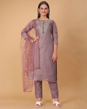 embellished straight kurta set with dupatta