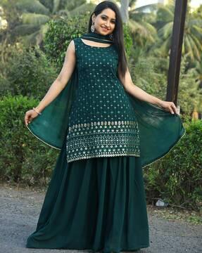 embellished straight kurta set with dupatta