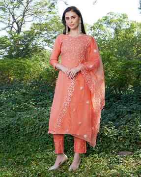 embellished straight kurta set with dupatta