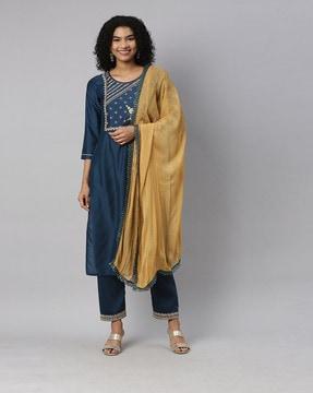 embellished straight kurta set