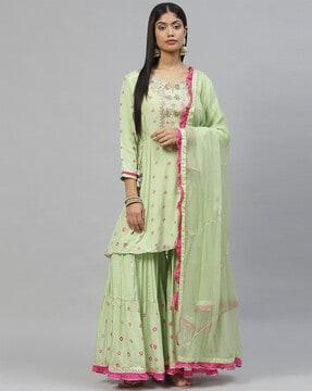 embellished straight kurta sharara set with dupatta